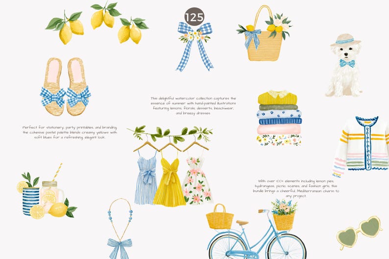 May include: Watercolor illustrations featuring summer themes. Includes lemons, dresses, a bicycle, a dog, and stacked clothing. The text reads, "The delightful watercolor collection captures the essence of summer..." and "Perfect for stationery..."