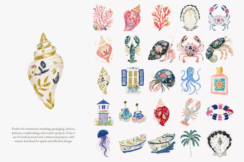 May include: Watercolor illustrations of various sea-themed elements, including seashells, coral, crabs, and a lobster. The artwork features a detailed, hand-painted style with a soft color palette, perfect for invitations and creative projects.