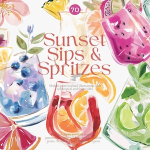May include: Watercolor illustration featuring a variety of colorful cocktails and spritzes. The image includes glasses filled with drinks, garnished with fruit slices and berries. The text "Sunset Sips & Spritzes" is displayed.