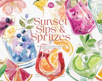 sunset sips clipart bundle, watercolor cocktail png, preppy summer drinks, citrus spritz illustrations, pink bar cart art