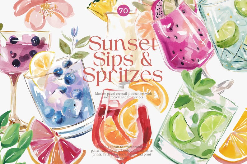 May include: Watercolor illustration featuring a variety of colorful cocktails and spritzes. The image includes glasses filled with drinks, garnished with fruit slices and berries. The text "Sunset Sips & Spritzes" is displayed.