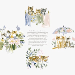 May include: Watercolor illustrations of kittens in various scenes. One shows kittens on a clothesline, another with a bouquet of flowers, and a third under an umbrella. The text reads "Meadow Kittens".