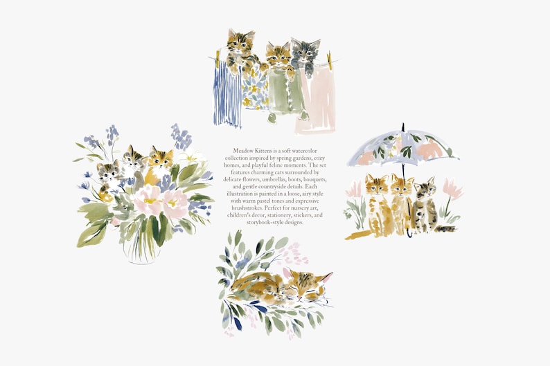 May include: Watercolor illustrations of kittens in various scenes. One shows kittens on a clothesline, another with a bouquet of flowers, and a third under an umbrella. The text reads "Meadow Kittens".