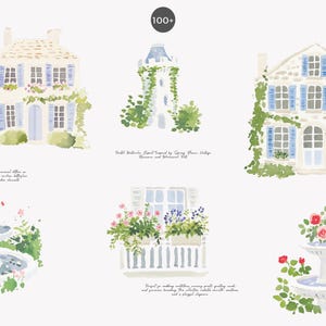 以下が含まれることがあります： フランス風の家、塔、花のある噴水の水彩イラスト。家には青いシャッターとツタがあります。画像には「100+」というテキストとその他のテキストが含まれています。