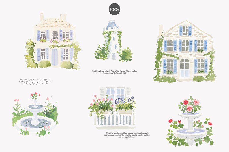 以下が含まれることがあります： フランス風の家、塔、花のある噴水の水彩イラスト。家には青いシャッターとツタがあります。画像には「100+」というテキストとその他のテキストが含まれています。