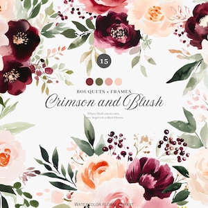 burgundy florals - blush roses - floral clipart - watercolor bouquet - wedding invitation - romantic design - home decor - wall art