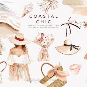 Boho Clipart – Sommermode – Küsten-Chic – Aquarell-Bundle – Strand-Lifestyle – feminine Elemente – weiche Ästhetik – png Set