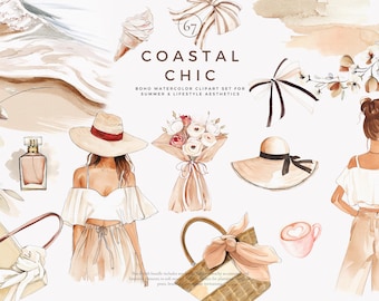boho clipart – summer fashion – coastal chic – watercolor bundle – beach lifestyle – feminine elements – soft aesthetic – png set