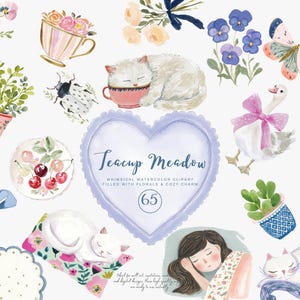 Puede incluir: Conjunto de imágenes prediseñadas de acuarela con ilustraciones caprichosas de flores, gatos, tazas de té y una niña durmiendo. El texto "Teacup Meadow" se muestra en un marco en forma de corazón. Las ilustraciones están llenas de flores y encanto acogedor.