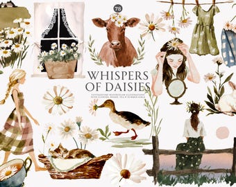watercolor clipart - png illustration - daisy flowers - cottagecore girl - summer dress - floral clipart - cozy room - tea cup - bunny art