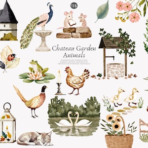 aquareldieren - tuinillustratie - cottagecore clipart - Franse platteland - dierlijke png - kasteeldieren - vintage schattige eenden