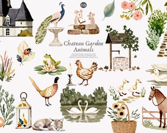 watercolor animals - garden illustration - cottagecore clipart - French countryside - animal png - chateau animals - vintage cute ducks