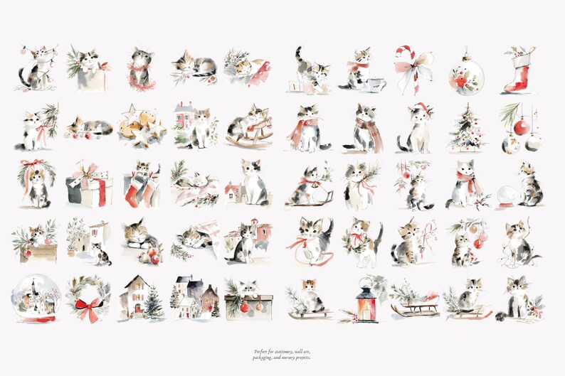 watercolor christmas kitten clipart set, cozy holiday cats, festive winter kittens, cute watercolor pet illustrations for cards & crafts image 8
