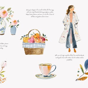Puede incluir: Ilustraciones en acuarela con arreglos florales en jarrones, una cesta de manzanas, una mujer con abrigo, una vela, una taza de t&eacute; y elementos bot&aacute;nicos. La obra de arte tiene una paleta de colores pastel.
