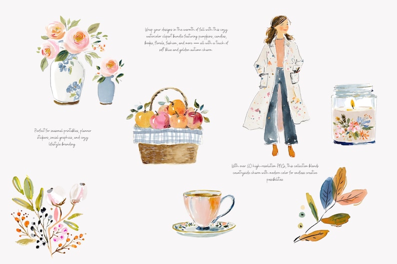 Puede incluir: Ilustraciones en acuarela con arreglos florales en jarrones, una cesta de manzanas, una mujer con abrigo, una vela, una taza de t&eacute; y elementos bot&aacute;nicos. La obra de arte tiene una paleta de colores pastel.