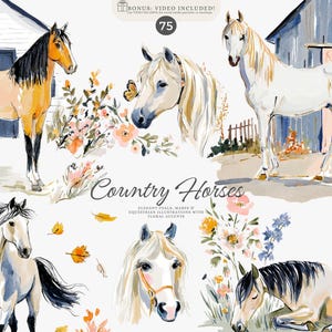 May include: Watercolor illustrations of horses in a country setting. The image features several horses in various poses, with floral accents and rustic buildings. The text "Country Horses" is displayed in elegant script.
