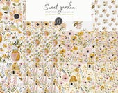 watercolor bee pattern set, honey floral seamless paper, sweet garden digital paper, wildflower pattern, spring flower background