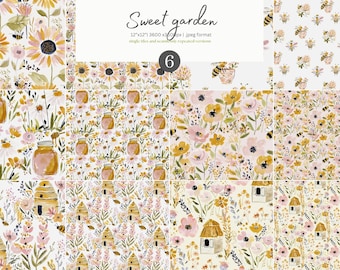 watercolor bee pattern set, honey floral seamless paper, sweet garden digital paper, wildflower pattern, spring flower background