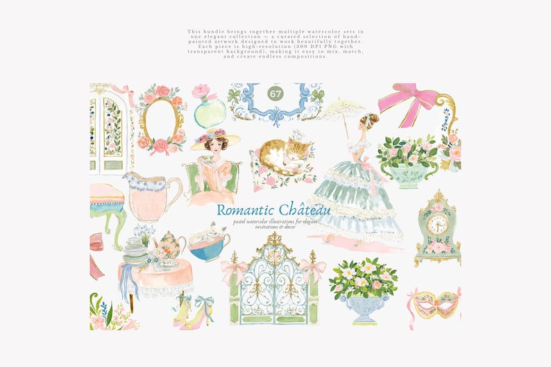 以下が含まれることがあります： ロマンチックなテーマの水彩イラスト。画像には、ドレスを着た女性、猫、時計、フラワーアレンジメントなど、さまざまな要素が含まれています。カラーパレットには、ピンク、ブルー、グリーンなどのソフトパステルが含まれています。画像には「Romantic Ch&acirc;teau」と書かれています。