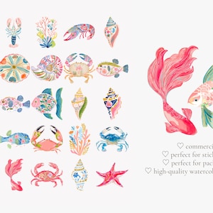 May include: Watercolor illustrations of various sea creatures, including fish, crabs, seahorses, and seashells. The artwork features a vibrant color palette with pink, blue, and coral hues. The image also includes text that says "commercial use included", "perfect for stickers & patterns", "perfect for packaging & labels", and "high-quality watercolor illustrations".