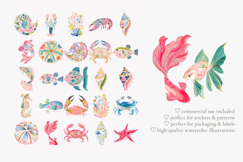 May include: Watercolor illustrations of various sea creatures, including fish, crabs, seahorses, and seashells. The artwork features a vibrant color palette with pink, blue, and coral hues. The image also includes text that says "commercial use included", "perfect for stickers & patterns", "perfect for packaging & labels", and "high-quality watercolor illustrations".