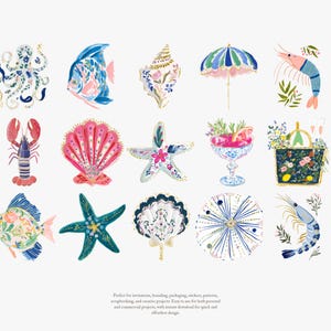 May include: Watercolor illustrations of sea creatures and objects, including an octopus, fish, seashell, umbrella, shrimp, lobster, starfish, and a picnic basket. The illustrations are in shades of blue, pink, and green, with gold accents.
