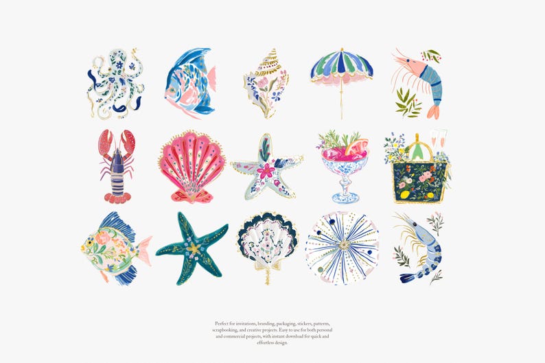 May include: Watercolor illustrations of sea creatures and objects, including an octopus, fish, seashell, umbrella, shrimp, lobster, starfish, and a picnic basket. The illustrations are in shades of blue, pink, and green, with gold accents.