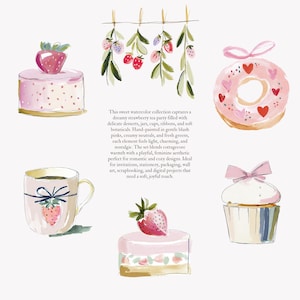 Puede incluir: Ilustraci&oacute;n en acuarela de una fiesta de t&eacute; de fresas con postres, incluyendo un pastel, una rosquilla, una magdalena y una taza de t&eacute;. La imagen presenta rosas suaves, verdes y neutros cremosos, con texto.