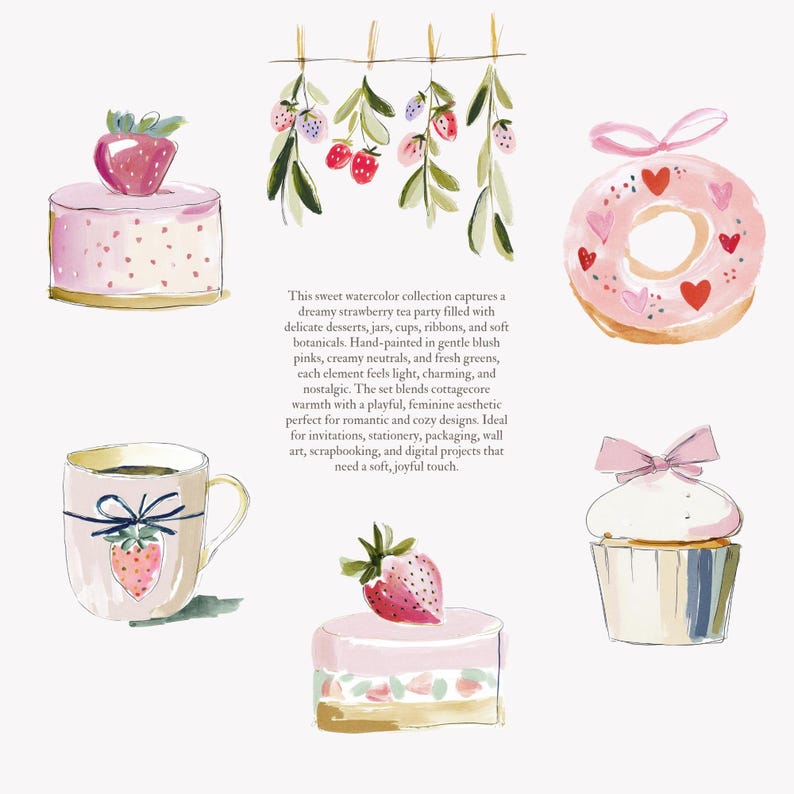 Puede incluir: Ilustraci&oacute;n en acuarela de una fiesta de t&eacute; de fresas con postres, incluyendo un pastel, una rosquilla, una magdalena y una taza de t&eacute;. La imagen presenta rosas suaves, verdes y neutros cremosos, con texto.