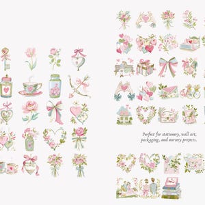 May include: Watercolor illustrations of various romantic elements, including hearts, flowers, bows, and gifts in soft pink and green hues. The image includes text that reads "Perfect for stationery, wall art, packaging, and nursery projects."