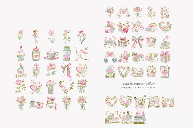 May include: Watercolor illustrations of various romantic elements, including hearts, flowers, bows, and gifts in soft pink and green hues. The image includes text that reads "Perfect for stationery, wall art, packaging, and nursery projects."