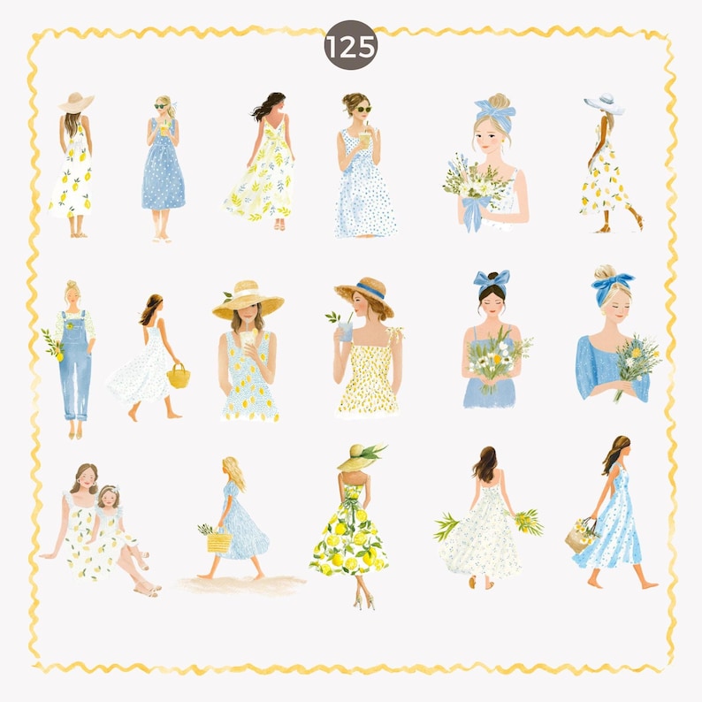 May include: Watercolor illustrations of women in summer dresses, hats, and accessories. The dresses feature patterns like lemons and polka dots. Some figures hold flowers or drinks. The number 125 is in a circle at the top.