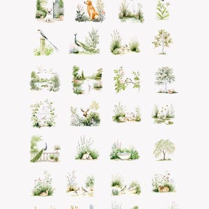 May include: A collection of watercolor illustrations featuring various scenes of gardens, animals, and landscapes. The images include dogs, birds, and other wildlife, with the number "101" in a circle at the top. Text at the bottom reads "SOFT WATERCOLOR SCENES OF ROMANTIC FRENCH LIVING, GARDENS, AND VINTAGE CHARM."