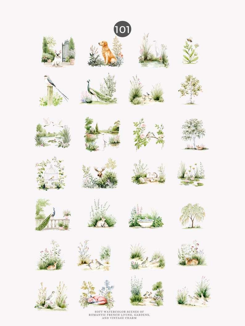 May include: A collection of watercolor illustrations featuring various scenes of gardens, animals, and landscapes. The images include dogs, birds, and other wildlife, with the number "101" in a circle at the top. Text at the bottom reads "SOFT WATERCOLOR SCENES OF ROMANTIC FRENCH LIVING, GARDENS, AND VINTAGE CHARM."