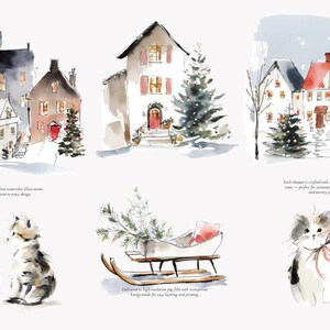watercolor christmas kitten clipart set, cozy holiday cats, festive winter kittens, cute watercolor pet illustrations for cards & crafts image 3