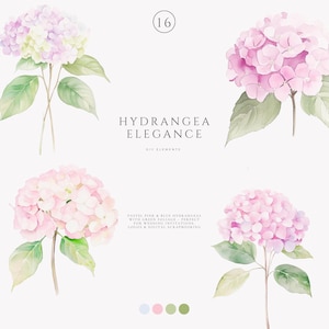 Colección de imágenes prediseñadas de estilo chinoiserie preppy en acuarela rosa: hortensia azul, flores vintage, hortensia rosa, marco azul preppy, flor de boda. imagen 2