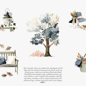 May include: Watercolor clipart set featuring autumn-themed illustrations. Includes a lantern, tree, hat, bench with pillows, and a basket. The color palette includes soft blues, navy, and dusty blue shades, with pumpkins and woodland animals.