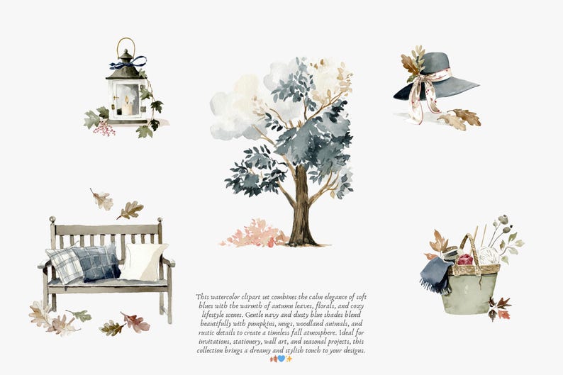 May include: Watercolor clipart set featuring autumn-themed illustrations. Includes a lantern, tree, hat, bench with pillows, and a basket. The color palette includes soft blues, navy, and dusty blue shades, with pumpkins and woodland animals.