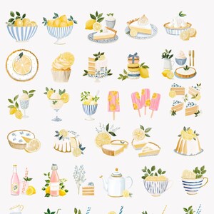 May include: Watercolor illustration featuring various lemon-themed treats and beverages. Includes lemon slices, cakes, cupcakes, popsicles, lemonade, and tea. The image has a light, airy feel with a focus on the fresh, citrusy theme. The number "125" is in a circle at the top.