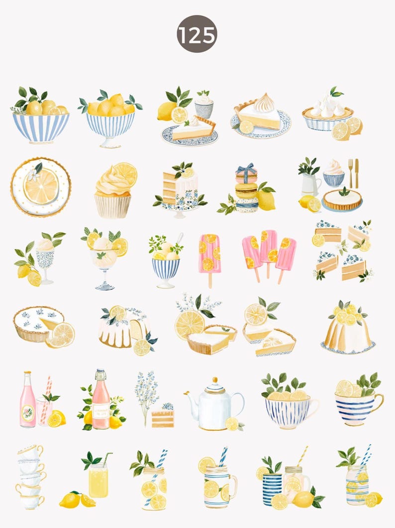 May include: Watercolor illustration featuring various lemon-themed treats and beverages. Includes lemon slices, cakes, cupcakes, popsicles, lemonade, and tea. The image has a light, airy feel with a focus on the fresh, citrusy theme. The number "125" is in a circle at the top.