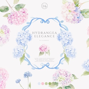 Collezione di clipart di chinoiserie preppy rosa ad acquerello - ortensia blu - fiori vintage - ortensia rosa - cornice blu preppy - fiori da matrimonio