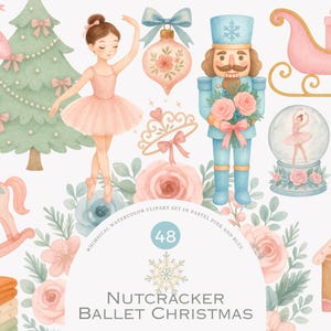 May include: Watercolor clipart set featuring ballet and Christmas themes. Includes a ballerina, nutcracker, Christmas tree, rocking horse, snow globe, and gift boxes in pastel pink and blue. The text reads "Nutcracker Ballet Christmas".