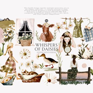 May include: Watercolor illustrations featuring daisies, a cow, a woman, a duck, and a rabbit. The image includes the text "Whispers of Daisies". The artwork has a soft, pastel color palette with a vintage, rustic aesthetic.