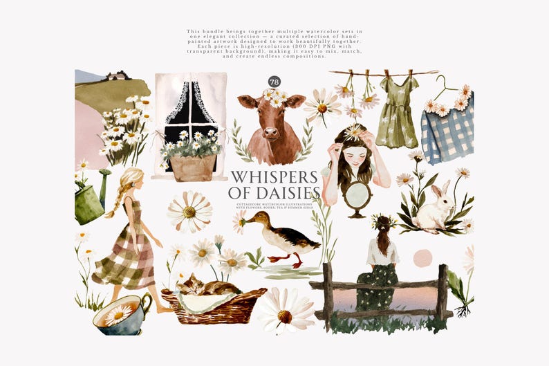May include: Watercolor illustrations featuring daisies, a cow, a woman, a duck, and a rabbit. The image includes the text "Whispers of Daisies". The artwork has a soft, pastel color palette with a vintage, rustic aesthetic.
