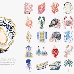 May include: Watercolor illustrations of marine life and coastal elements, including seashells, coral, crabs, and an octopus. The designs feature a pearl-adorned oyster shell and a variety of other nautical-themed images. The text at the bottom says "Perfect for invitations, branding..."