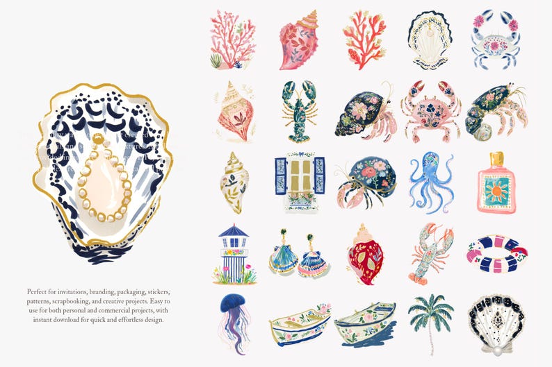 May include: Watercolor illustrations of marine life and coastal elements, including seashells, coral, crabs, and an octopus. The designs feature a pearl-adorned oyster shell and a variety of other nautical-themed images. The text at the bottom says "Perfect for invitations, branding..."