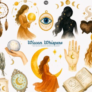 Op de afbeelding: Waterverfillustraties van mystieke elementen, waaronder een dromenvanger, halve manen, hemelse figuren en een ketel. De tekst "Wiccan Whispers" is ook aanwezig. Het kunstwerk heeft een warm kleurenpalet en hemelse thema's.