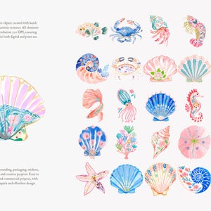 May include: Watercolor clipart set featuring various sea creatures and shells in shades of blue, pink, and green. Includes fish, crabs, shrimp, seahorses, and starfish. Perfect for digital art projects.