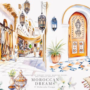 Puede incluir: Una pintura acuarela que representa un mercado marroquí con linternas coloridas, puertas intrincadas y azulejos tradicionales. La pintura presenta un zoco vibrante con comerciantes vendiendo sus mercancías, y una puerta majestuosa con detalles ornamentados. El texto "MOROCCAN DREAMS" está escrito en una fuente decorativa.