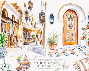Moroccan clipart - watercolor illustration - souk market - Arabian decor - boho aesthetic - desert scenery - cultural artwork - exotic png